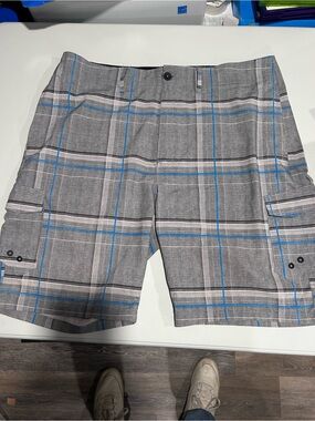 Ocean Current Gray Plaid Cargo Shorts with Blue Accents